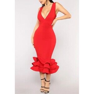 Fashion Nova Dress NWT Dates With Babe Red Ruffles Bodycon Midi Size L